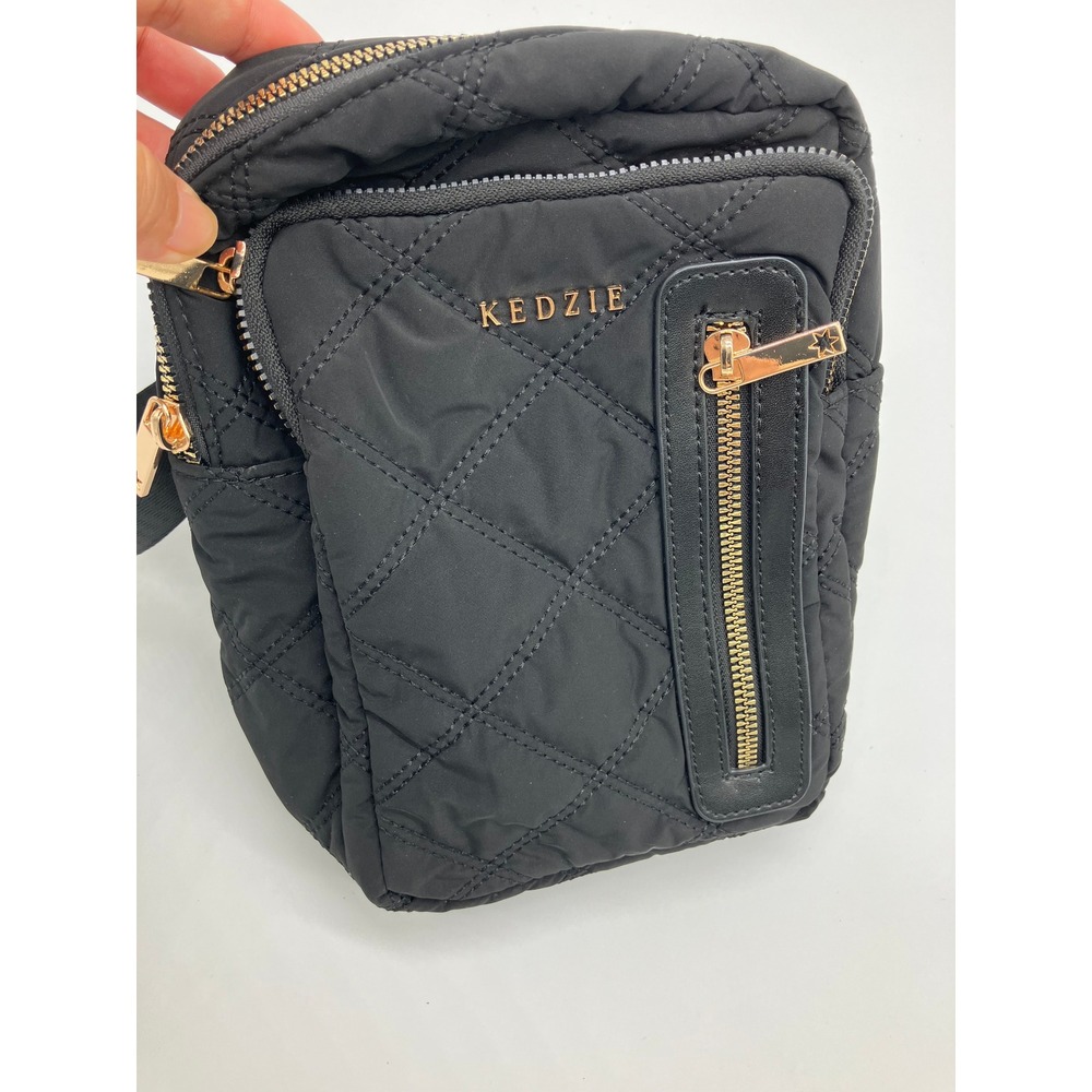 Kedzie Convertible Crossbody Backpack Bag Black Quilted Nylon Gold Hardware